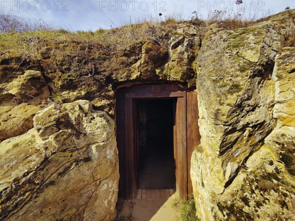 Entrance to the cave dwelling in the Höhlenstrasse am Schäferberg, Langenstein cave dwellings,