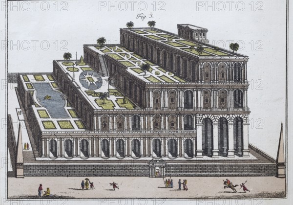 Hanging Gardens of Semiramis of Babylon, the seven wonders of the world, hand-coloured copperplate
