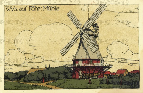 Historical postcard, picture postcard, mill in Wyk auf Föhr, North Frisia, Schleswig-Holstein,