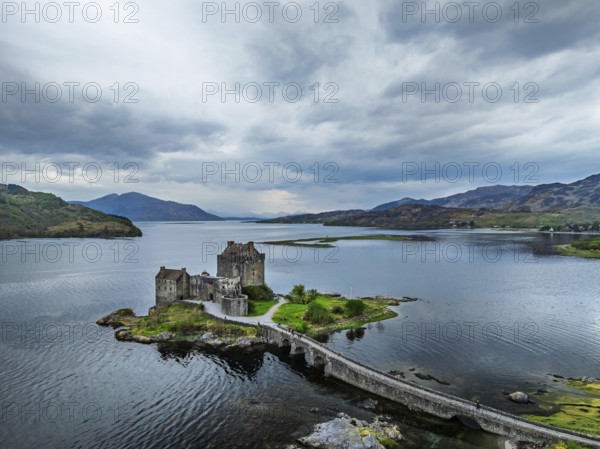 Eilean Donan Castle and Loch Duich from a drone, Isle of Skye, Highlands, Scotland, England, United
