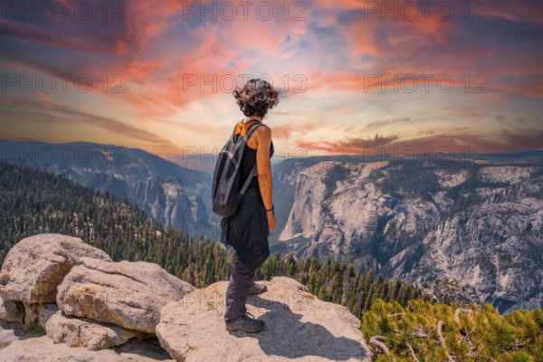 A young woman trekking at Sentinel Dome Lookout in Yosemite National Park looking at El Capitan