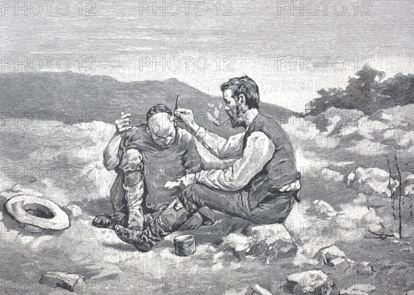 Open-air shaving and barber shop, barber, in California during the gold rush era, 1850, USA,