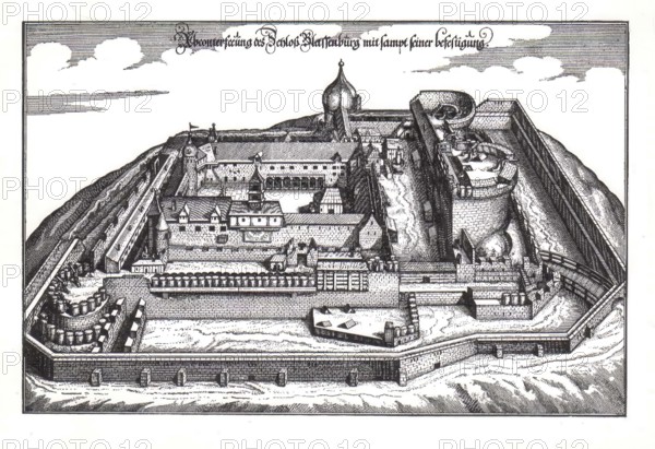 The Plassenburg in Kulmbach in the 16th century, Merian, Upper Franconia, Bavaria, Germany,