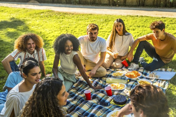 Multi-ethnic friends enjoying nature sitting on picnic blanket drinking beverages and eating snacks
