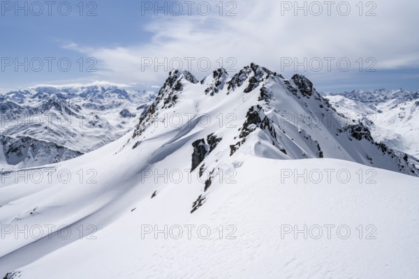 View of mountain panorama with mountain peaks of the Bernina group, mountain landscape in winter on