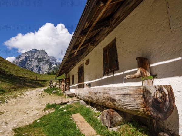 Wooden fountain trough at the Halsalm, with the Reiteralpe above, Ramsau near Berchtesgaden,