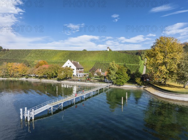 Aerial view of the jetty at the historic Rebgut Haltnau with catering business, outdoor catering