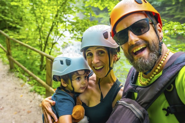 Happy family wearing helmets, taking a selfie at the vintgar gorge, a wooden footbridge in bled,