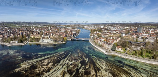 Aerial view, panorama of Lake Constance and the Seerhein also Rhine funnel at low water with the