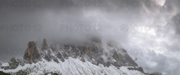 View of part of the Odle group from the Gampen meadow, Dolomites, snow, Puez-Odle nature park Park,