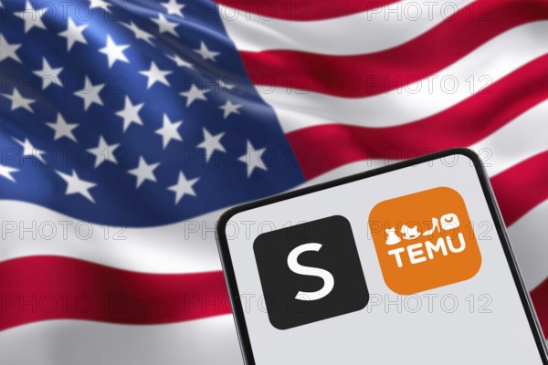 Temu and Shein app logo online marketplace from China with USA United States of America flag online