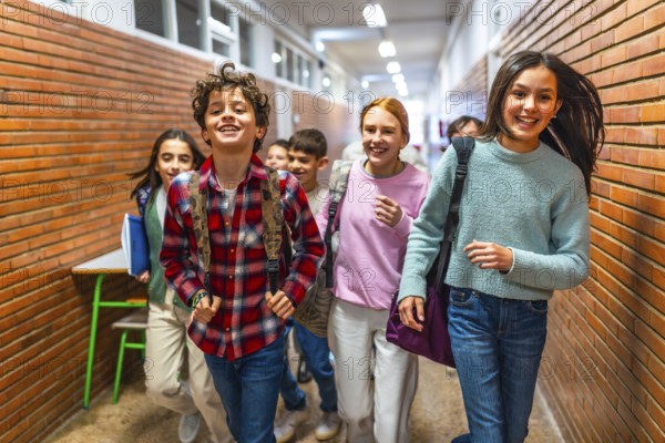 Cheerful students running through the school hallway, filled with laughter and excitement, enjoying