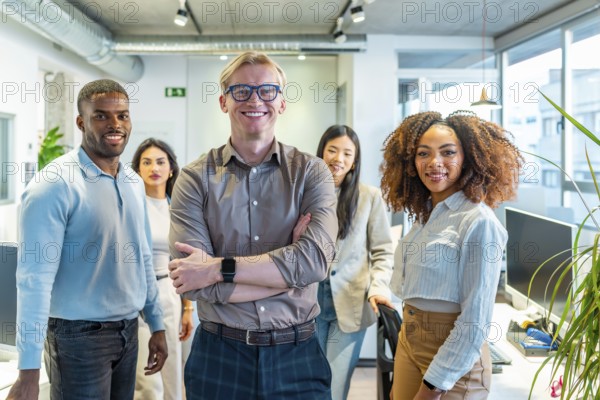 Diverse team of professionals standing together in a modern coworking office, showcasing teamwork