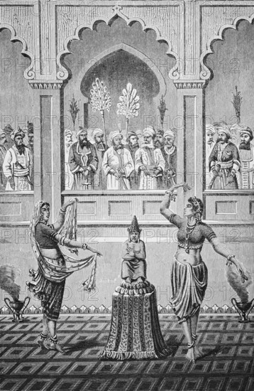 Dancers at the court of a maharaja, elegant movements, dance around a Buddha statue, male