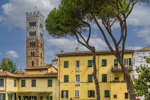Winding houses with pastel-coloured facades, behind the tower of San Martino Cathedral, historic