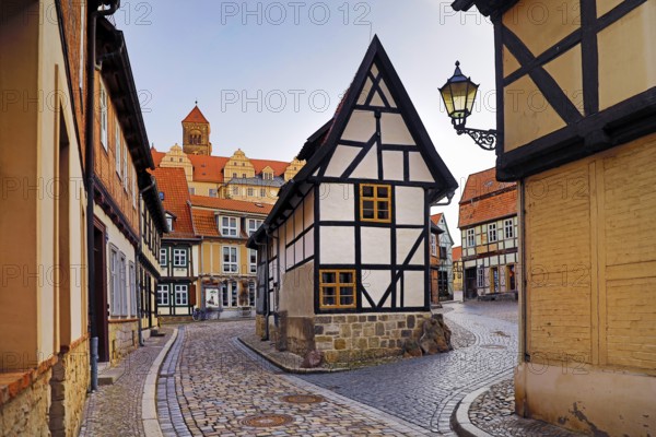 Half-timbered houses in Finkenherd with Schlossberg, alley in the old town centre of the World