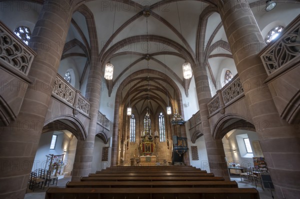 Interior with altar of the Church of St Nicholas and St Ulrich, nave built around 1400, Kirchenberg