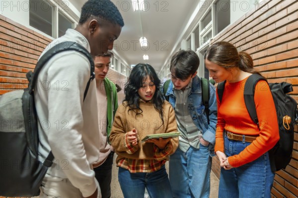 Diverse group of high school students collaborating on a project using a digital tablet in a school