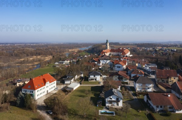 Drone shot, view of the village with Augustinian monastery Reichersberg, Reichersberg, Innviertel.