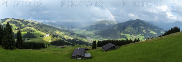 Alpine panorama in summer, rainbow, alpine hut, view over the Brixen valley, Hochbrixen, Brixen im