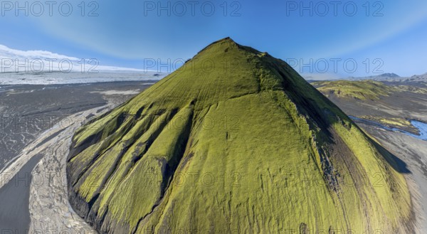 Aerial view, Mælifell mountain covered with moss, Maelifell, black sand desert Mælifellssandur,