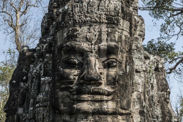 Tor tor with huge faces to Angkor Thom, Angkor Wat, Angkor, UNESCO World Heritage Site, Siem Reap,