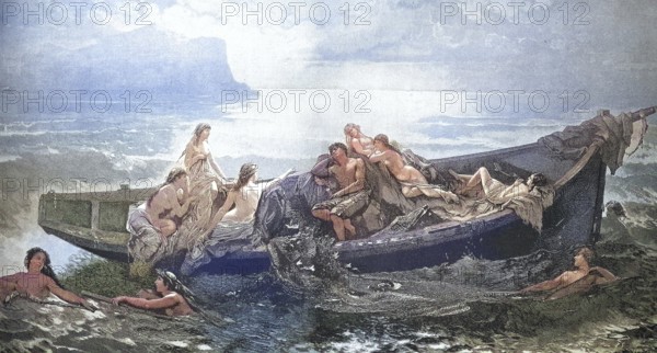 The Fisherman and the Mermaids, Fisherman distracted from his work by the mermaids, 1880, after a
