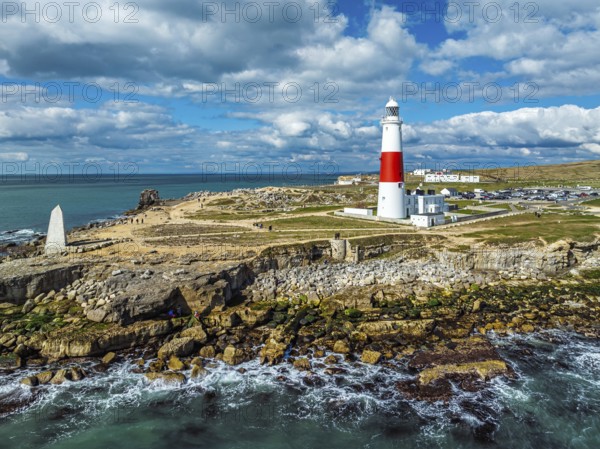 Portland Bill Lighthouse from a drone, Portland Bill, Isle of Portland, Dorset, England, United