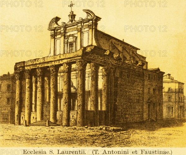 Church Ecclesia S. Laurentii, Temple of Antoninus Pius and Faustina, title, forecourt with columns,