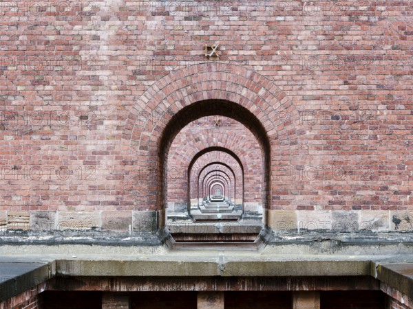 Detail of the Göltzschtal Bridge, view through the bridge arches, largest brick bridge in the