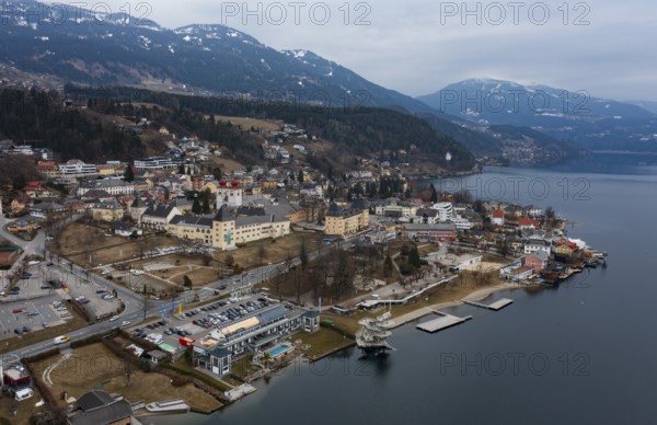 Drone shot, view of the town, Millstatt Abbey, Millstatt, Lake Millstatt, Carinthia, Austria,