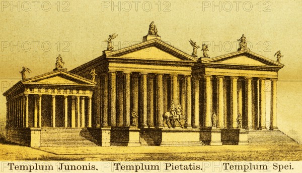 Templum Juninis, Templum Pietatis, Templum Spei, temple, columns, statues, stairs, equestrian