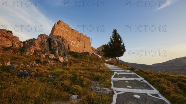 Warm evening light, path leading to a ruin with a single tree under a clear sky, Archangelos,