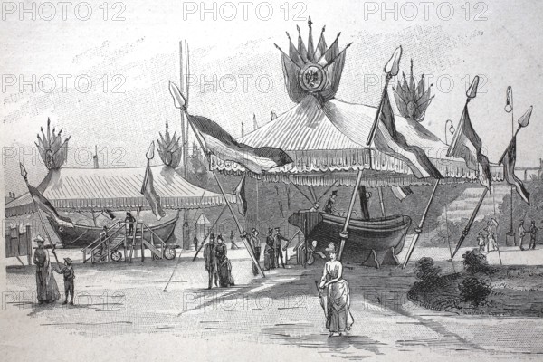 Exhibition on accident prevention in Berlin 1889, lifeboat with trolley and steam lifeboat, digital