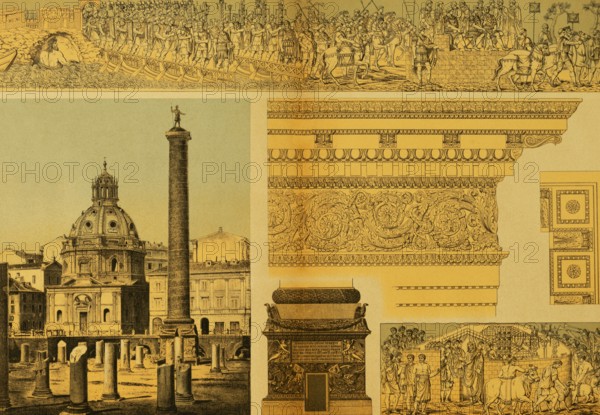 Forum Trajani, public square, ruin, Trajan column with emperor, several relief details, church