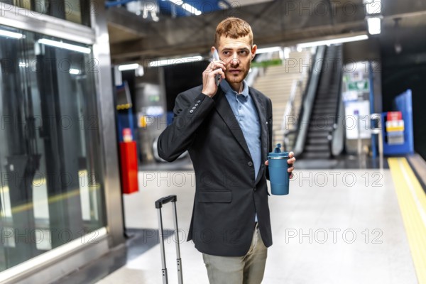 Businessman waiting for subway, talking on phone and holding reusable coffee cup, in a subway
