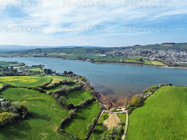 Farms and Fields over River Teign from a drone, Teignmouth, Shaldon, Devon, England, United