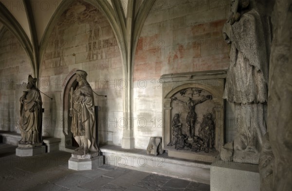 Statues, frescoes, wall paintings, early Gothic cloister, Cathedral of Our Lady, Constance,