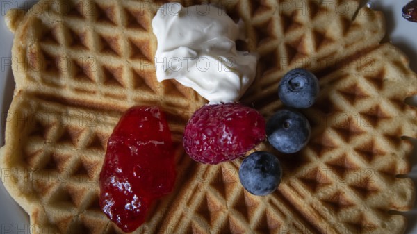 Waffle with raspberry, blueberries, strawberry jam and cream, Kongsvoll or Kongsvold Fjeldstue,