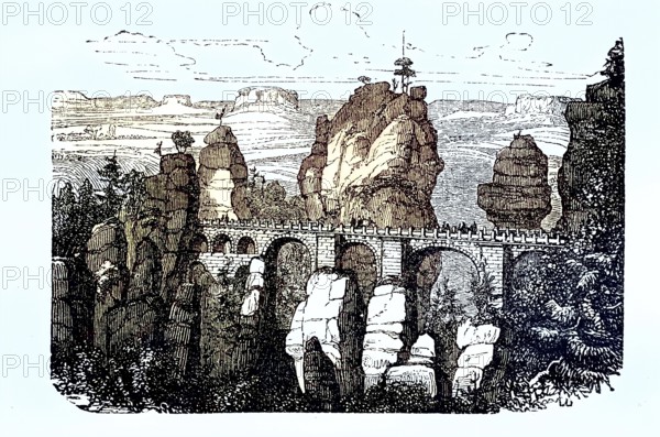 The Bastei Bridge in Saxon Switzerland, Saxony, Deutschland, 1870 / Die Basteibrücke in der