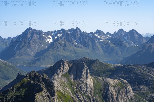 Mountain landscape, view of mountain peaks at the summit of Rundfjellet, Svolvaer, Nordland,