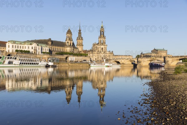 City view with paddle steamer and reflection in the river Elbe, Brühl's Terrace with secondary