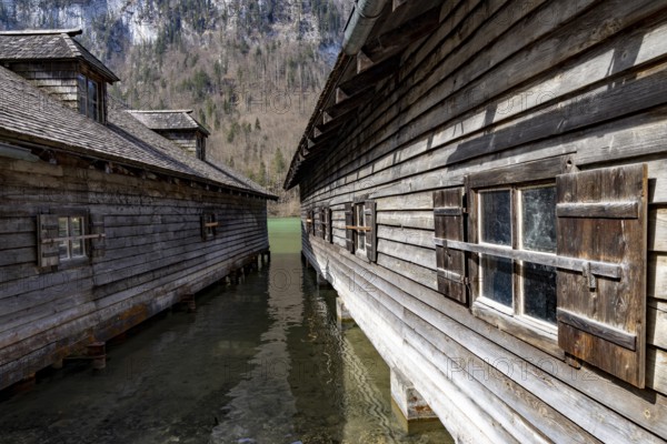 Wooden boathouses at Königssee, Schönau am Königssee, Berchtesgadener Land, Upper Bavaria, Bavaria,