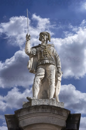 Sculpture of a soldier on a column in front of the Ellingen Residence, Ellingen, Middle Franconia,