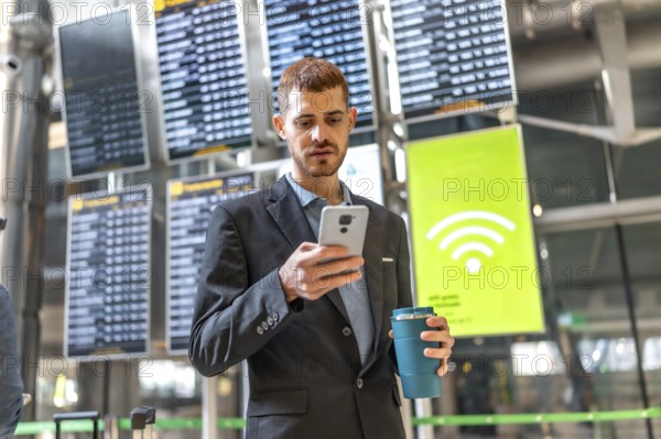 Businessman using smartphone while holding reusable coffee cup in airport, checking flight schedule