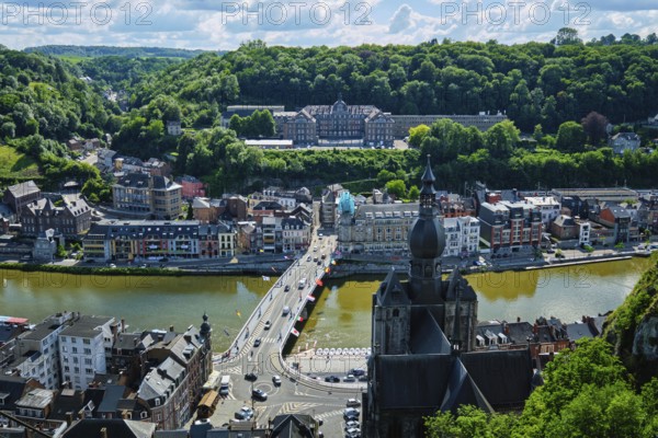 Aerial view of Dinant town, Collegiate Church of Notre Dame de Dinant, River Meuse and Pont Charles