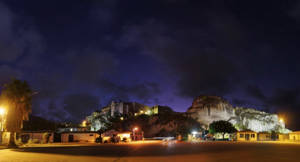 Panorama at the harbour of Tropea with the old town of Tropea at night, Tropea, Vibo Valentia,