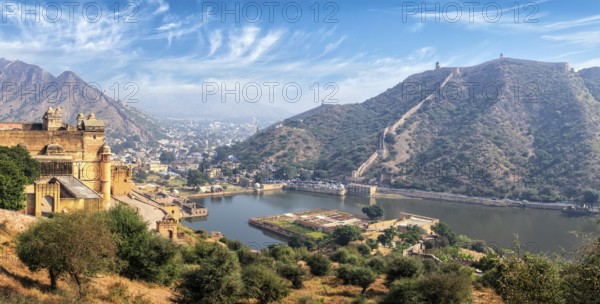 Indian travel famous tourist landmark, panorama view of Amer (Amber) fort and Maota lake,