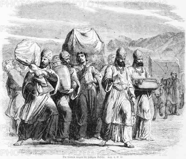 The Levites carry the sacred vessels, offerings, wine, God, Moses, flesh, bull, Aaron, Kohath,