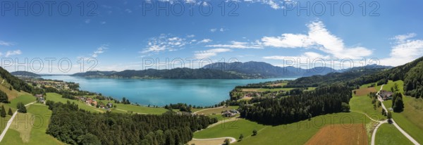 Drone shot, panorama shot, Nussdorf am Attersee with Höllengebirge, Salzkammergut, Upper Austria,